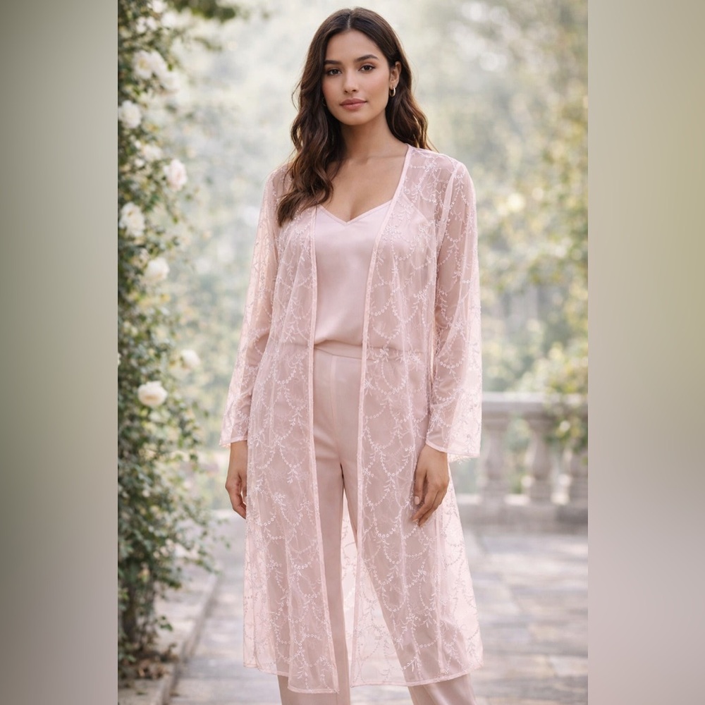 Talbots Silk Maxi Embroider Eyelit Duster Open Front Sheer Long Sleeve Feminine